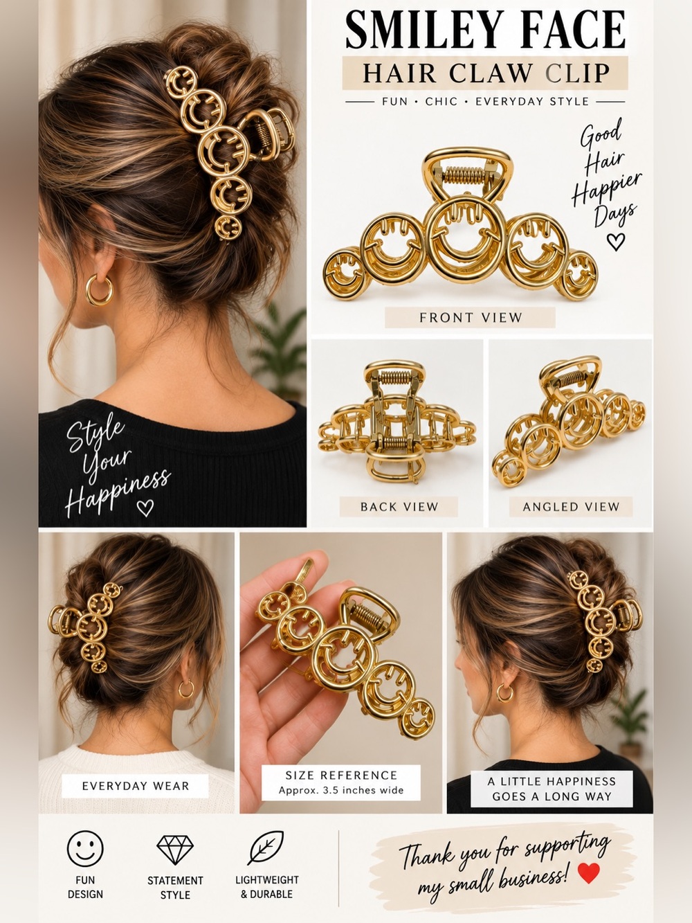 Gold Tone Smiley Face Claw Hair Clip 3.5” Openwork Statement Jaw Barrette